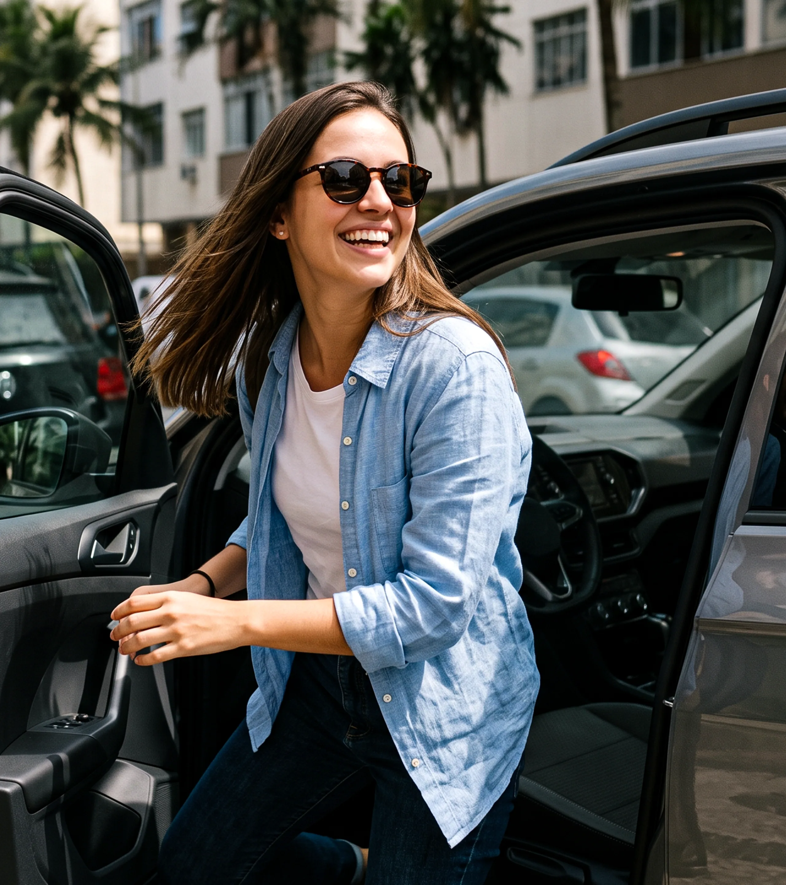 Mulher sorrindo ao sair do carro, na rua