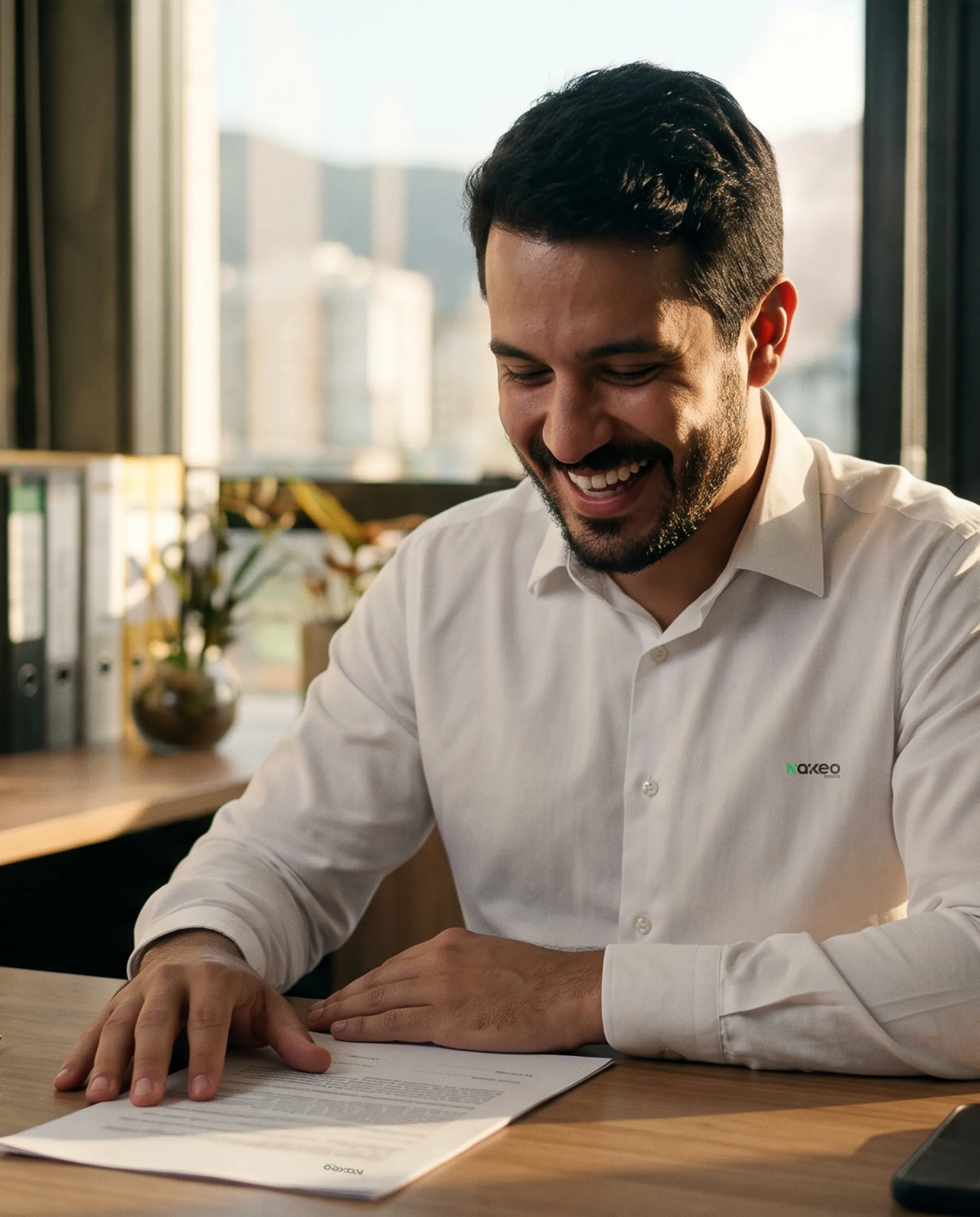 Corretor sorrindo em seu escritório, com contrato Nákeo assinado na mesa