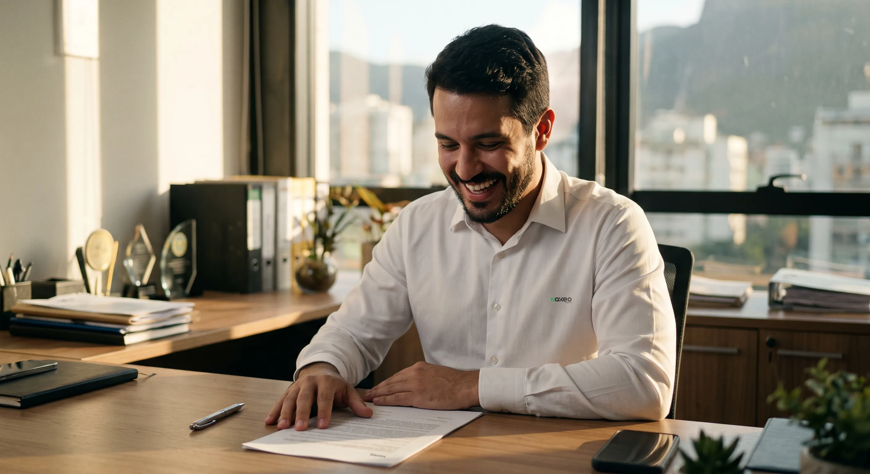 Corretor sorrindo em seu escritório, com contrato Nákeo assinado na mesa