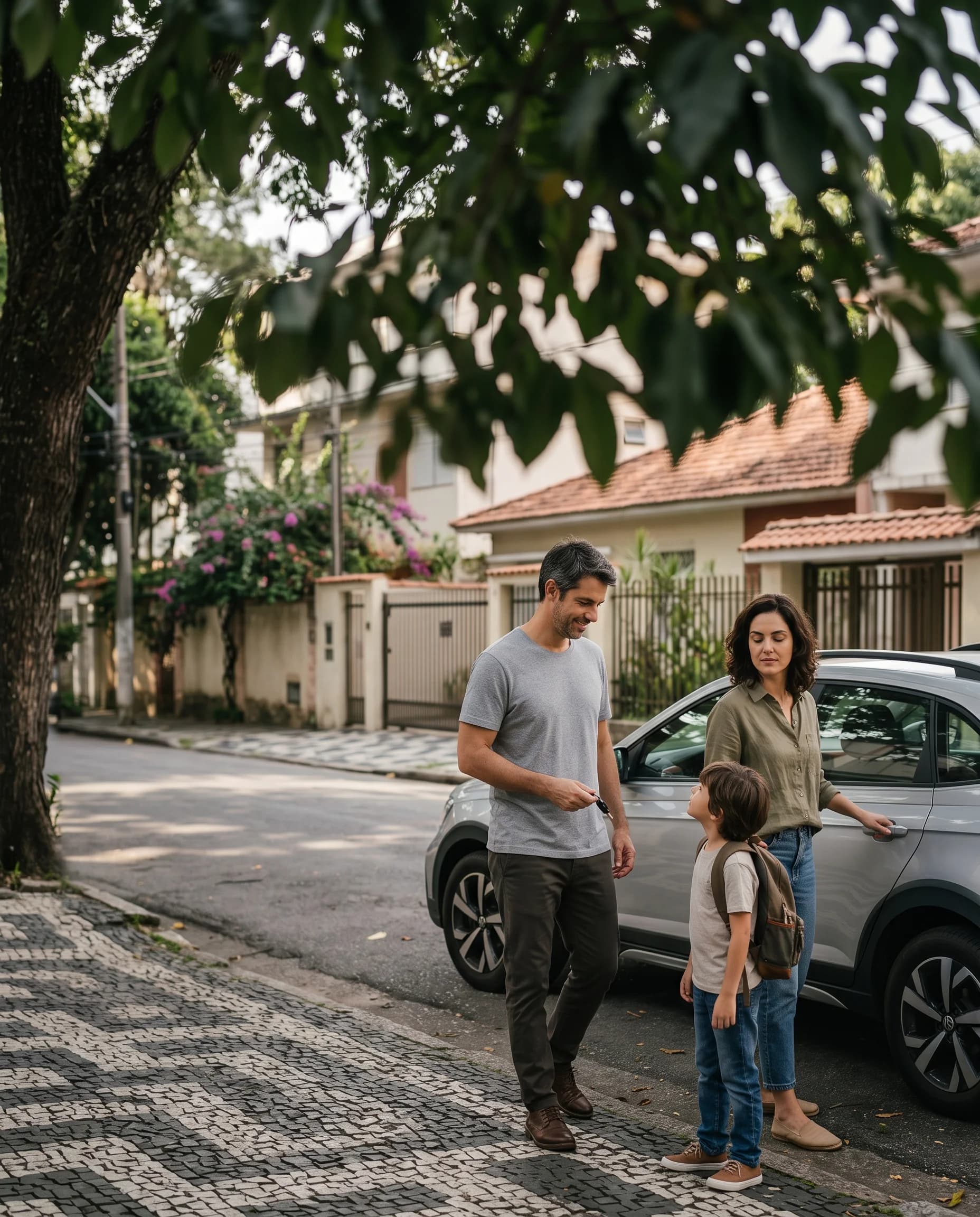 Pai, mãe e filho ao lado do carro em frente de casa