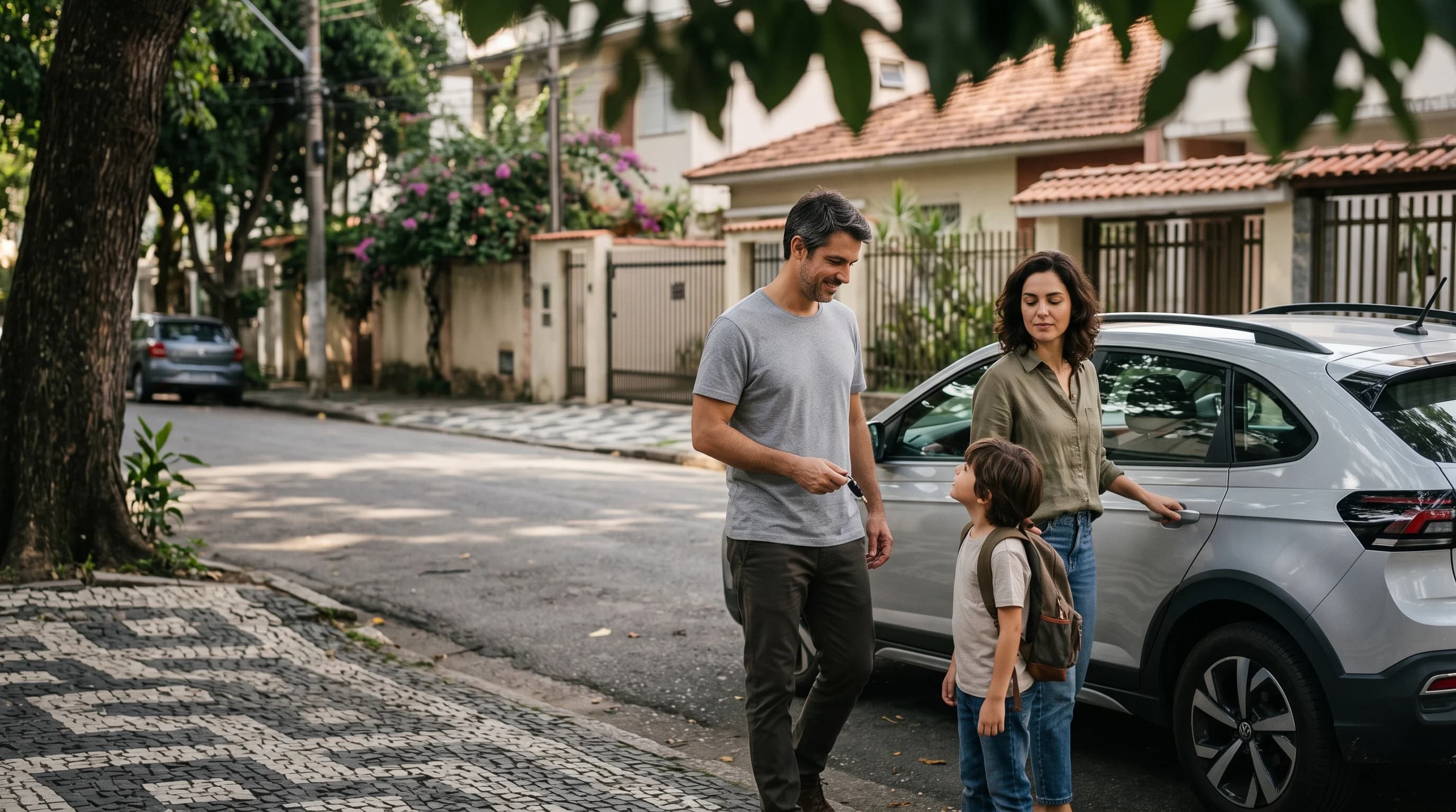 Pai, mãe e filho ao lado do carro em frente de casa