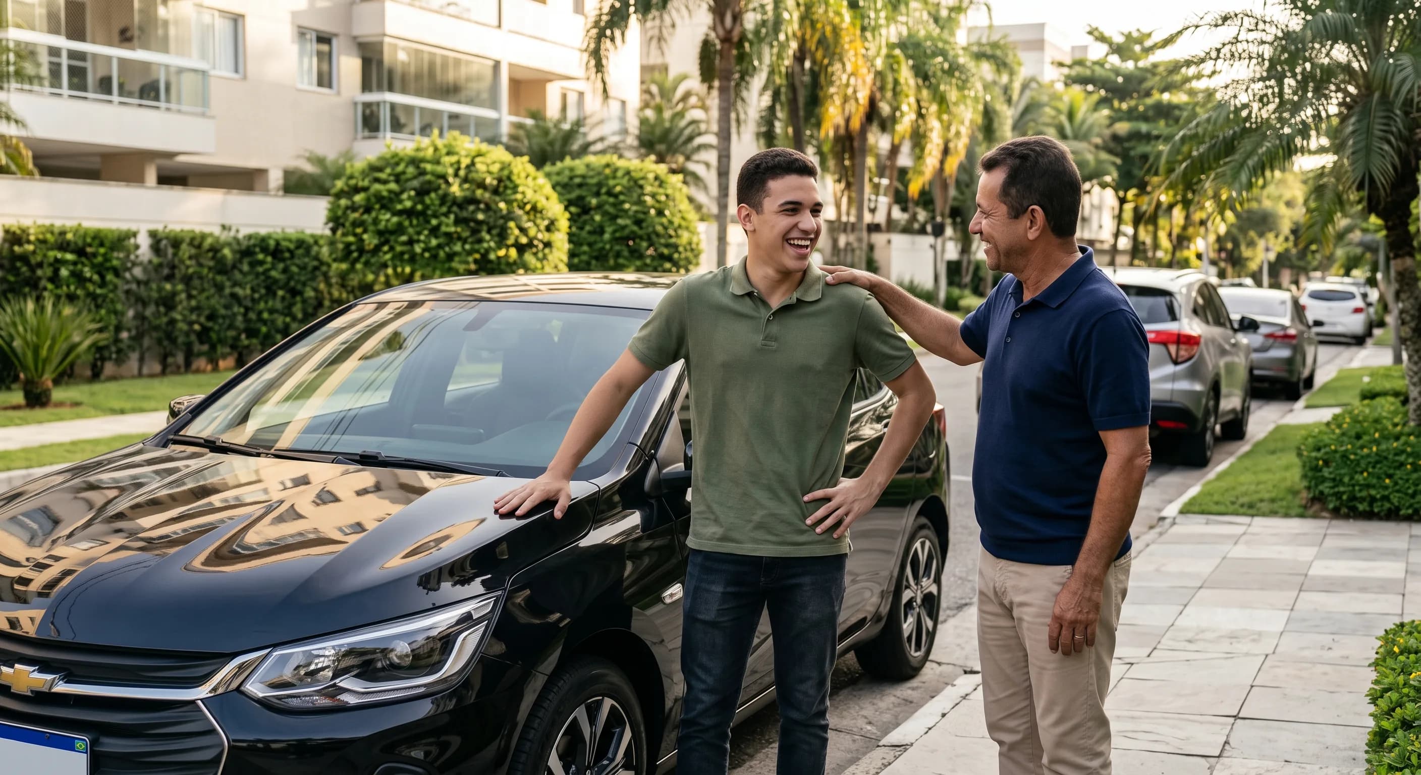 Pai e filho conversando ao lado do carro, em ambiente residencial